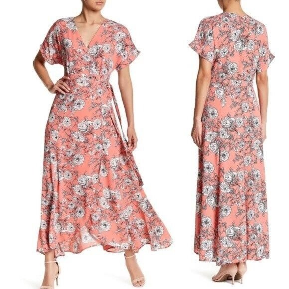 bobeau Dresses & Skirts - Bobeau Wrap Maxi Dress Pink White Floral Print V Neck Short Sleeve